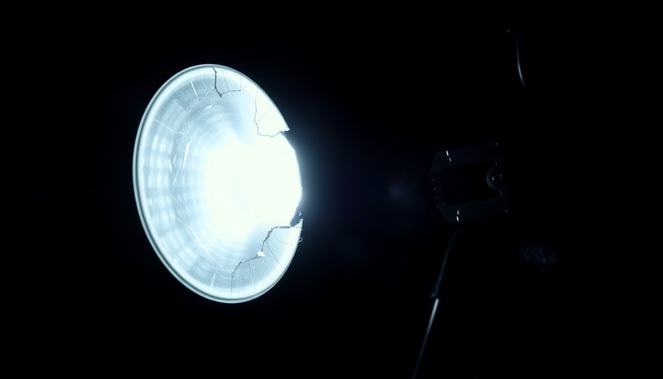 An extreme close-up photograph of a damaged motorcycle part, such as a broken mirror or cracked taillight, lit by a harsh, direct camera flash against a pitch-black background, conceptually illustrating the aftermath of a serious motorcycle accident.