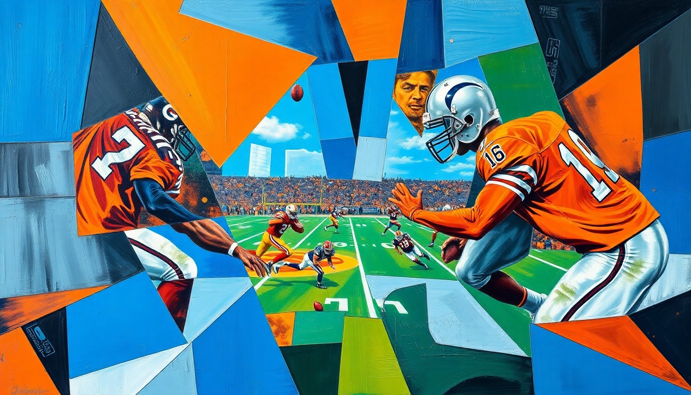 A cubist, geometric painting depicting fragmented, overlapping shapes and planes in shades of blue, orange, and silver, conceptually representing the multifaceted quarterback competition in the Raiders' camp.