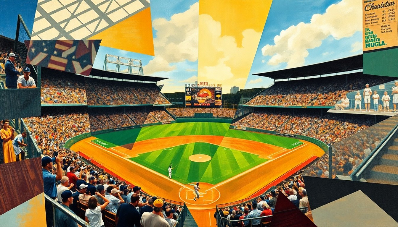 A cubist, geometric painting depicting a baseball game or match, with the players and field broken down into sharp, overlapping planes of color and shape, conveying a sense of motion, energy, and strategic analysis.