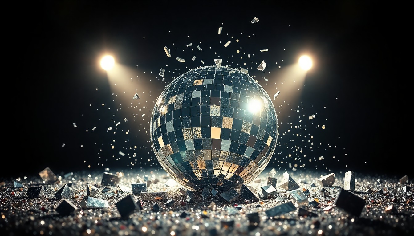An extreme close-up photograph of shattered, glittering disco ball fragments under dramatic studio lighting, conceptually representing the celebratory yet bittersweet energy of Lady Gaga's farewell Mayhem Ball concert.