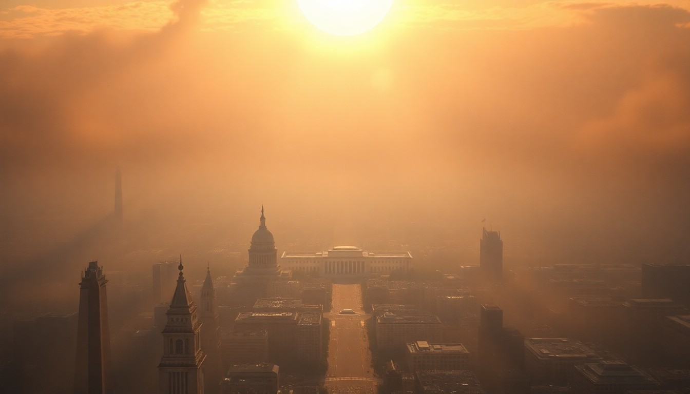 A sweeping, atmospheric landscape painting depicting the iconic skyline of Washington DC shrouded in a hazy, shimmering heat haze, with the natural elements dwarfing the physical structures and conveying the oppressive power of the extreme weather conditions.