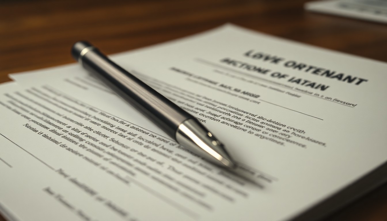 An extreme close-up photograph of a stack of legal documents with a metallic pen resting on top, creating an intimate, serious mood without words to conceptually represent the expertise of a white-collar crime defense team.