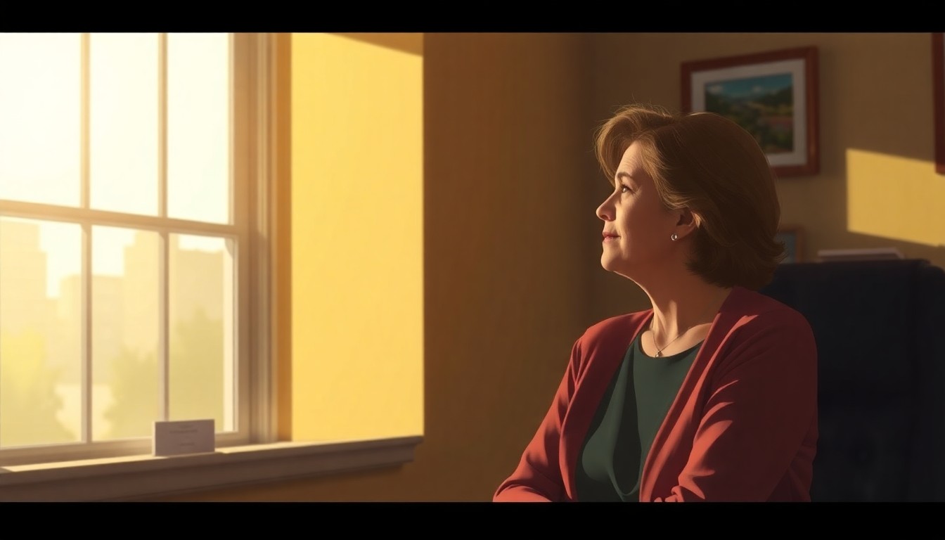 A warm, cinematic painting of a woman in an office, gazing out a window with a thoughtful expression, capturing the quiet dignity and community impact of Nina Martinez's civic leadership.