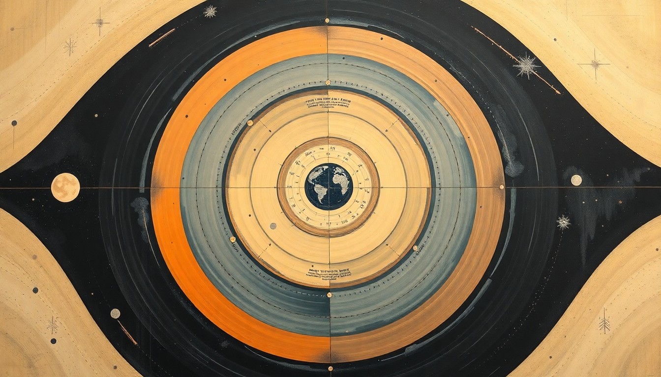 A bold, abstract painting in soft blues, greens, and oranges featuring sweeping geometric arcs, concentric circles, and precise spirals, conceptually representing the complex scientific forces and concepts behind the Artemis II mission to the moon.