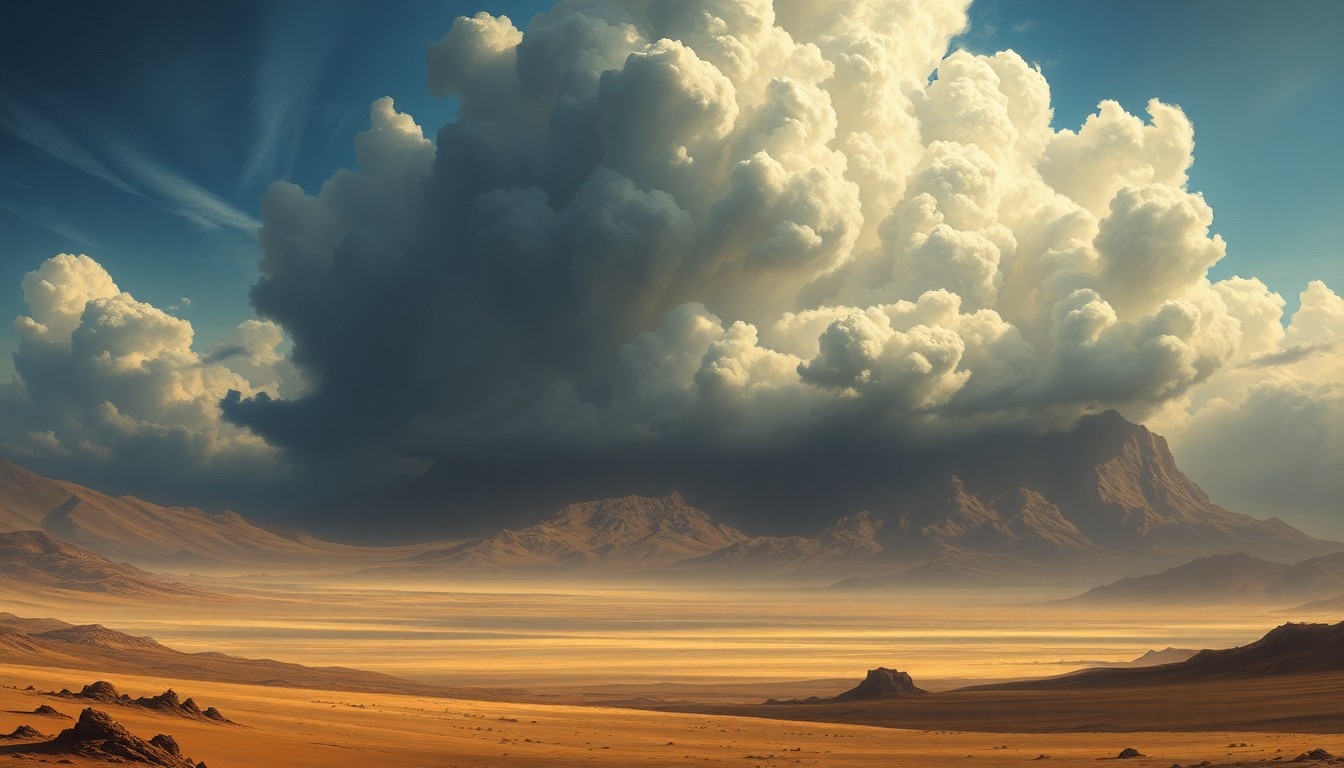 A vast, atmospheric landscape painting depicting a dramatic desert scene with a towering, ominous cloud formation overhead, conveying the raw power and scale of the recent earthquake that struck northern Nevada.