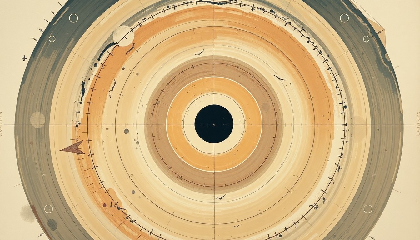 A bold, abstract painting in the style of Hilma af Klint, featuring sweeping geometric arcs, concentric circles, and precise spirals in earthy tones, representing the complex forces and concepts behind the Artemis II mission.