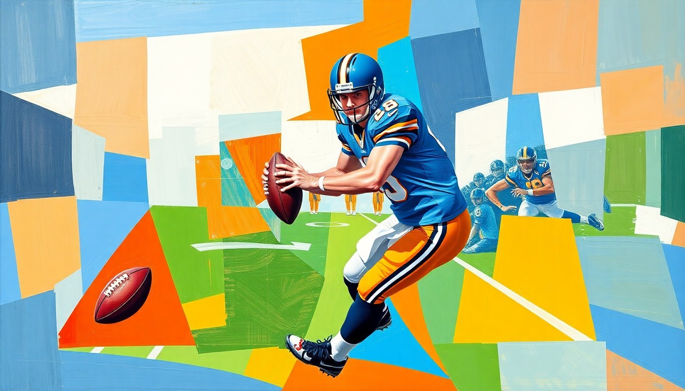 A cubist-style painting depicting a quarterback making a play, with the action broken down into sharp, overlapping geometric shapes in vibrant colors, conveying the energy and dynamism of the moment.