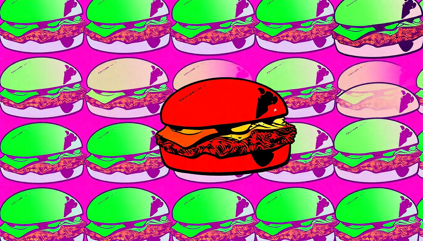 A brightly colored, high-contrast silkscreen print of a Chick-fil-A chicken sandwich repeated in a tight grid pattern, capturing the iconic fast-food item in a modern pop art style.