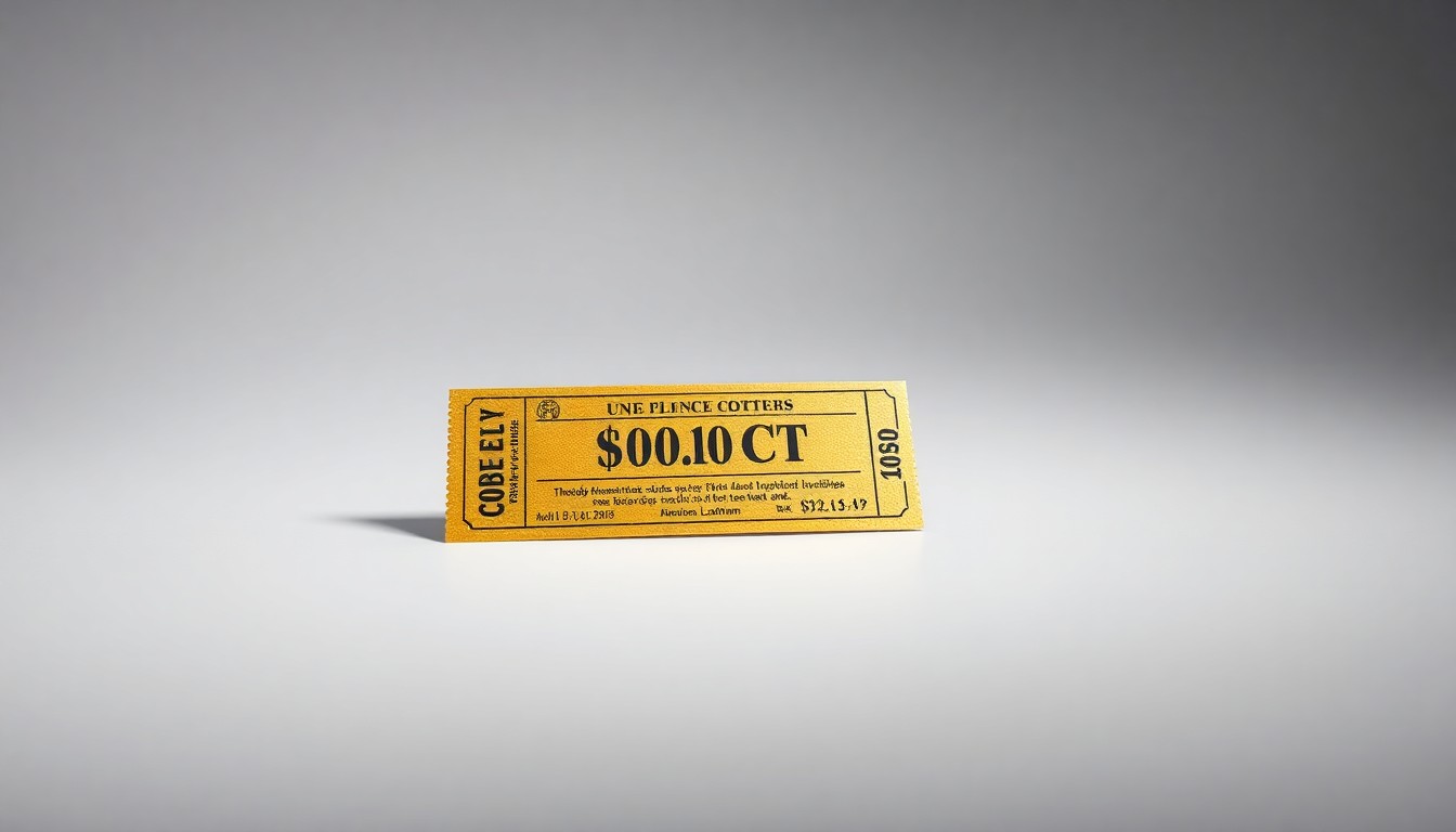 A highly detailed, photorealistic studio photograph of a single shiny gold lottery ticket resting on a clean, monochromatic background, using dramatic lighting and shadows to conceptually represent the abstract idea of unexpected financial gain.