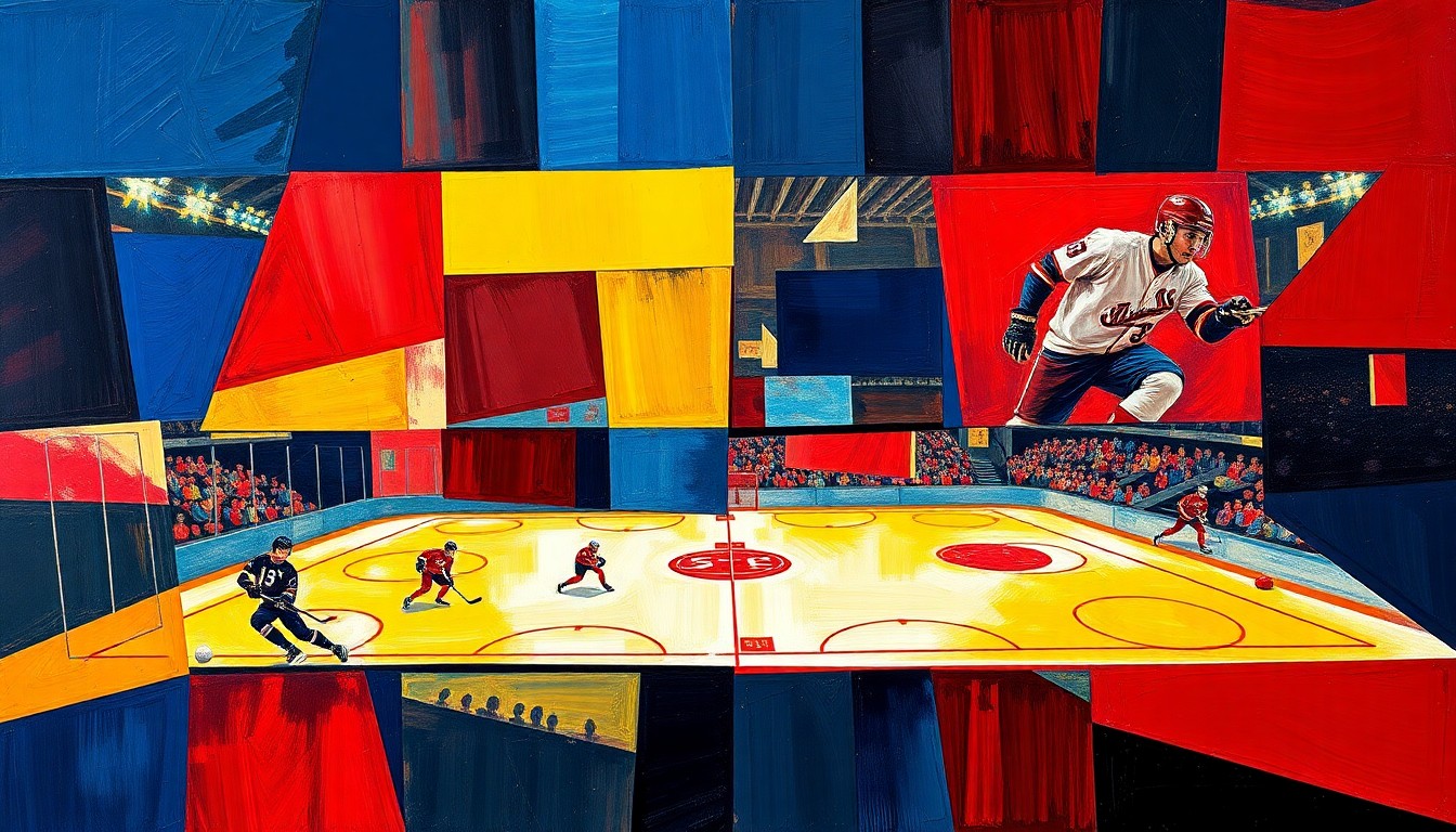 A fragmented, geometric painting depicting the dynamic movements and energy of a hockey game and a baseball game, with sharp planes of color and overlapping shapes that capture the essence of the sporting events without showing any specific players, teams, or identifiable elements.