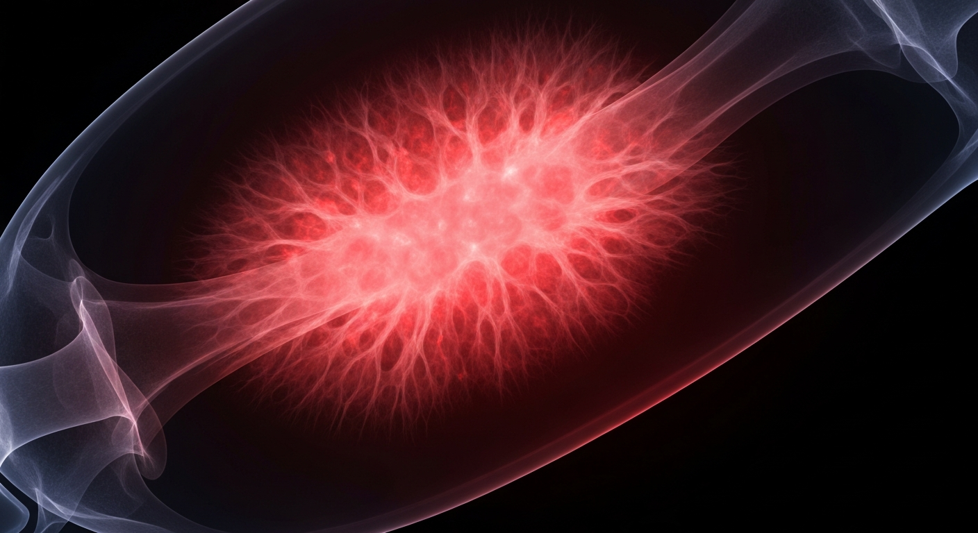 An extreme close-up X-ray photograph showing the complex internal structure of a cancerous tumor, with faint red highlights suggesting the therapy's potential to disrupt the tumor's acidic environment.
