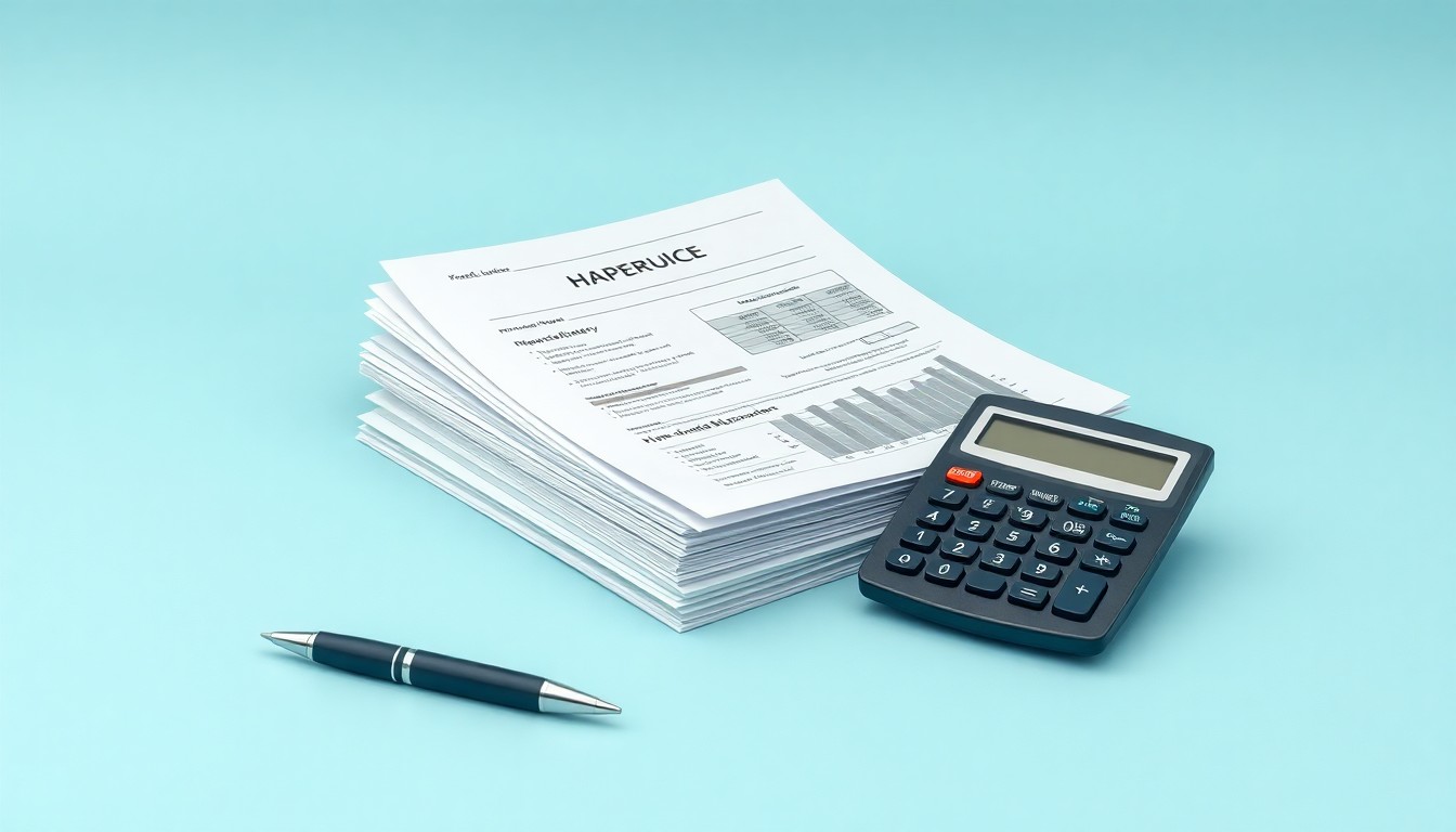 A photorealistic studio still life featuring a stack of financial documents, a pen, and a calculator arranged elegantly on a clean, monochromatic background, conceptually representing the financial discipline and strategy behind Harmony Biosciences' growth plans.