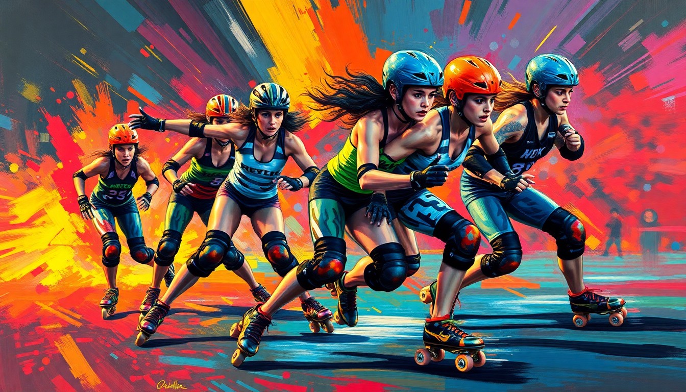 An abstract, energetic painting featuring bold, neon-colored brushstrokes that capture the dynamic motion and intensity of a roller derby match.
