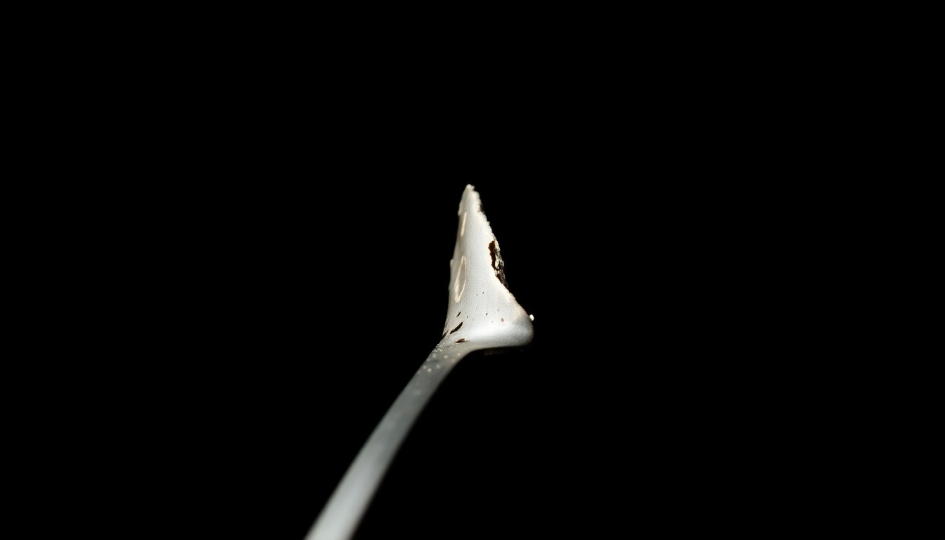 An extreme close-up of a damaged metal kitchen utensil, such as a spoon or ladle, reflecting harsh light and creating a stark, gritty visual that conceptually represents the violence of the workplace assault without depicting any actual harm.