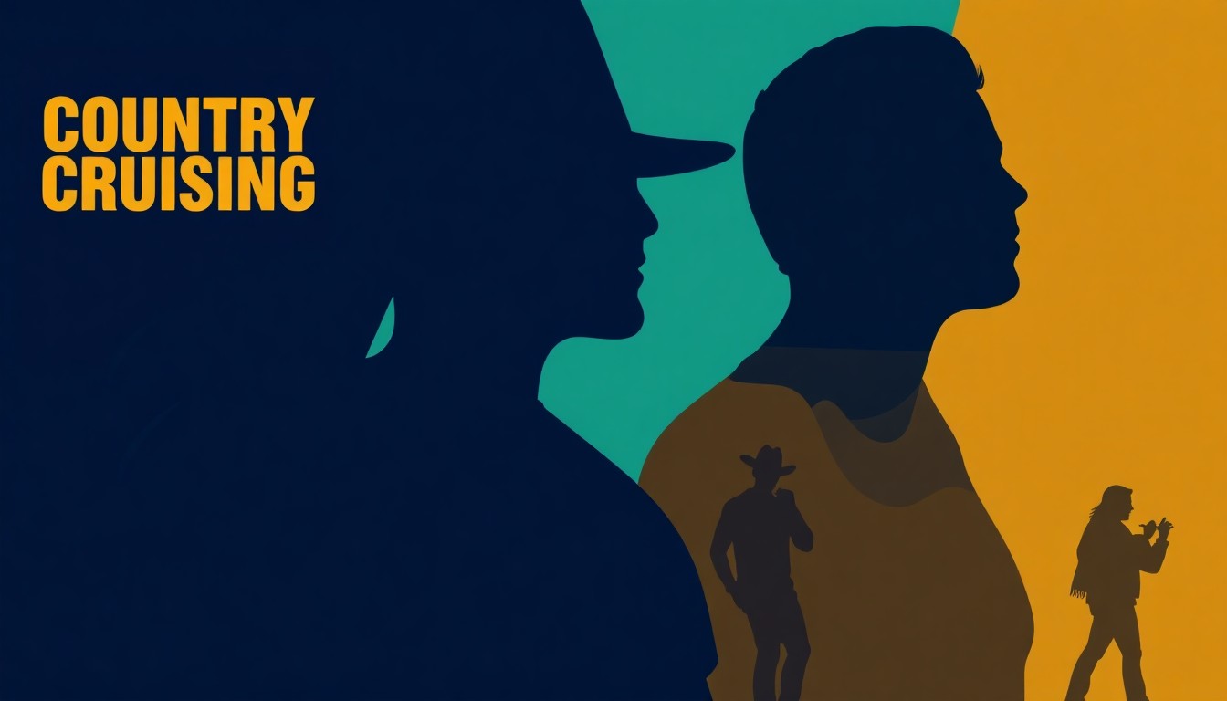 A minimalist, abstract illustration featuring overlapping geometric shapes and silhouettes in deep blue, teal, and gold tones, conceptually representing the diverse lineup of country music performers on the Country Cruising 2027 cruise.