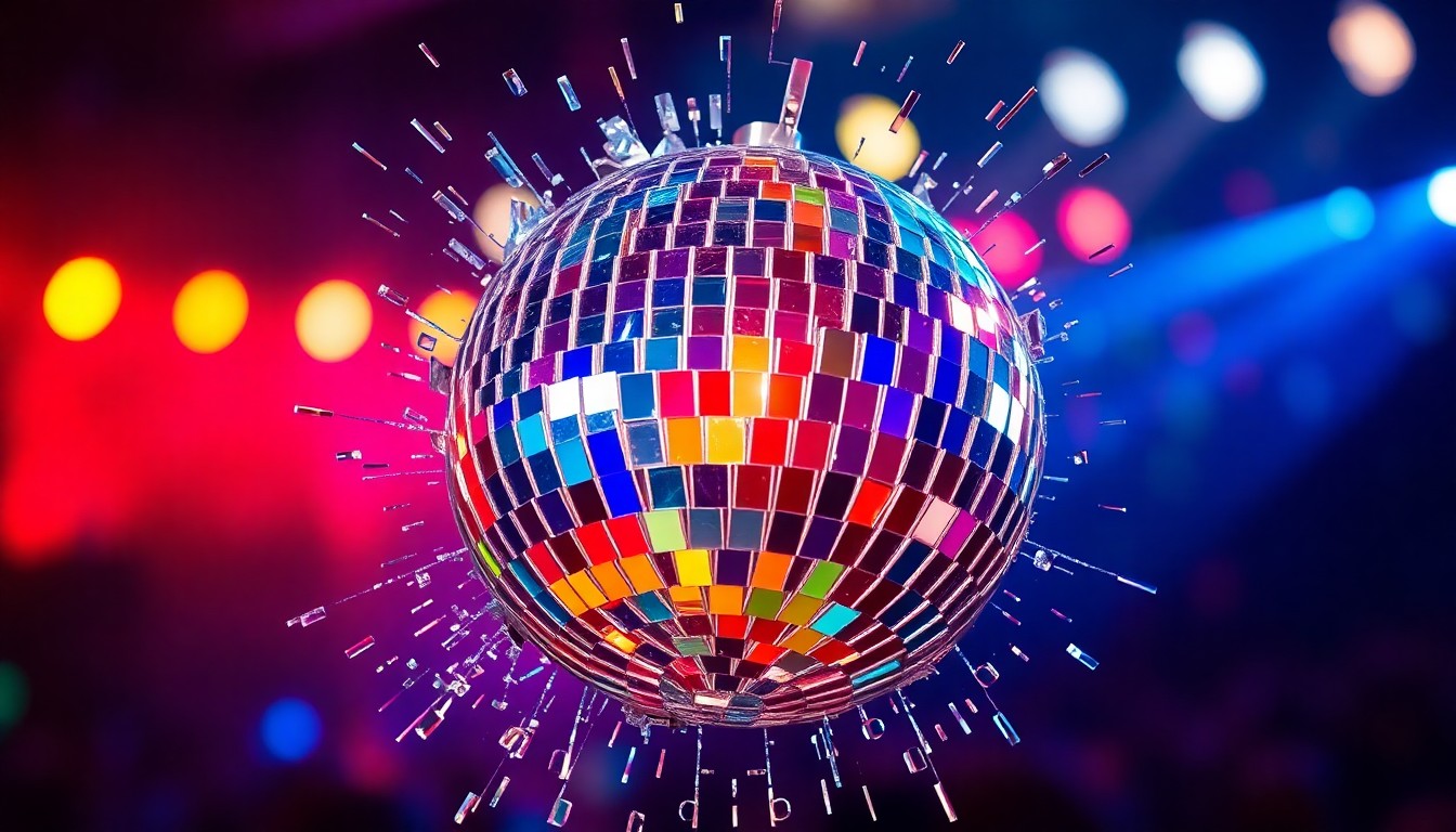 An abstract close-up photograph of a shattered disco ball reflecting a kaleidoscope of colorful stage lights, conveying the high-energy and unpredictable nature of live music performances.