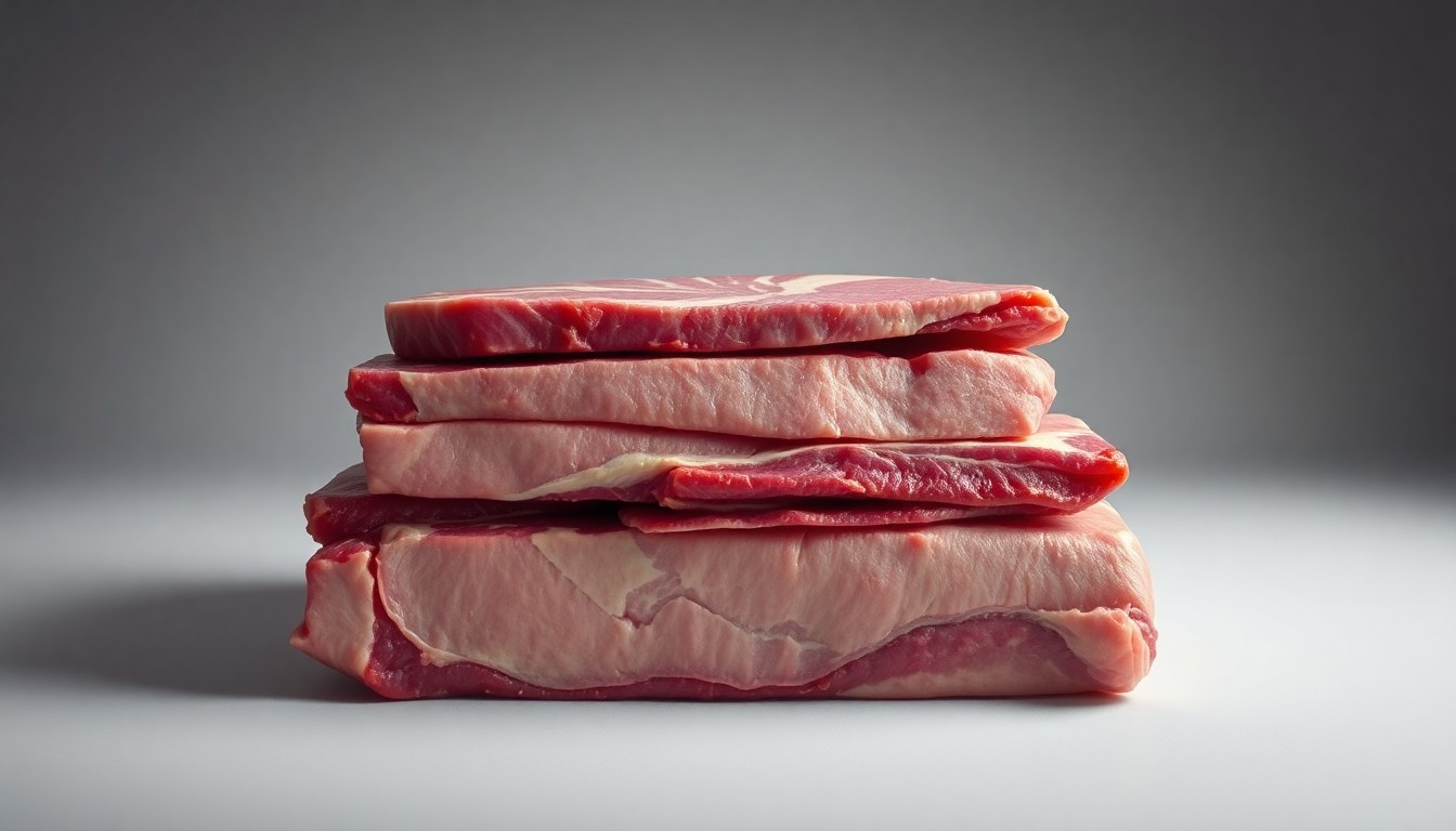 A high-end, photorealistic studio still-life featuring a stack of freshly butchered meat cuts arranged elegantly on a clean, monochromatic background, conceptually representing the stability and efficiency of the meatpacking industry.