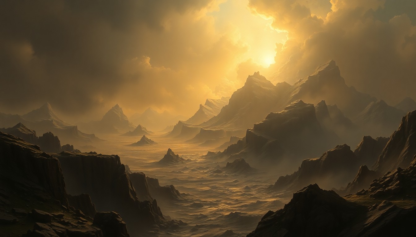 A sweeping, atmospheric landscape painting depicting the shaking earth and crumbling structures of a rural town, dwarfed by the overwhelming scale and drama of the natural forces at play.