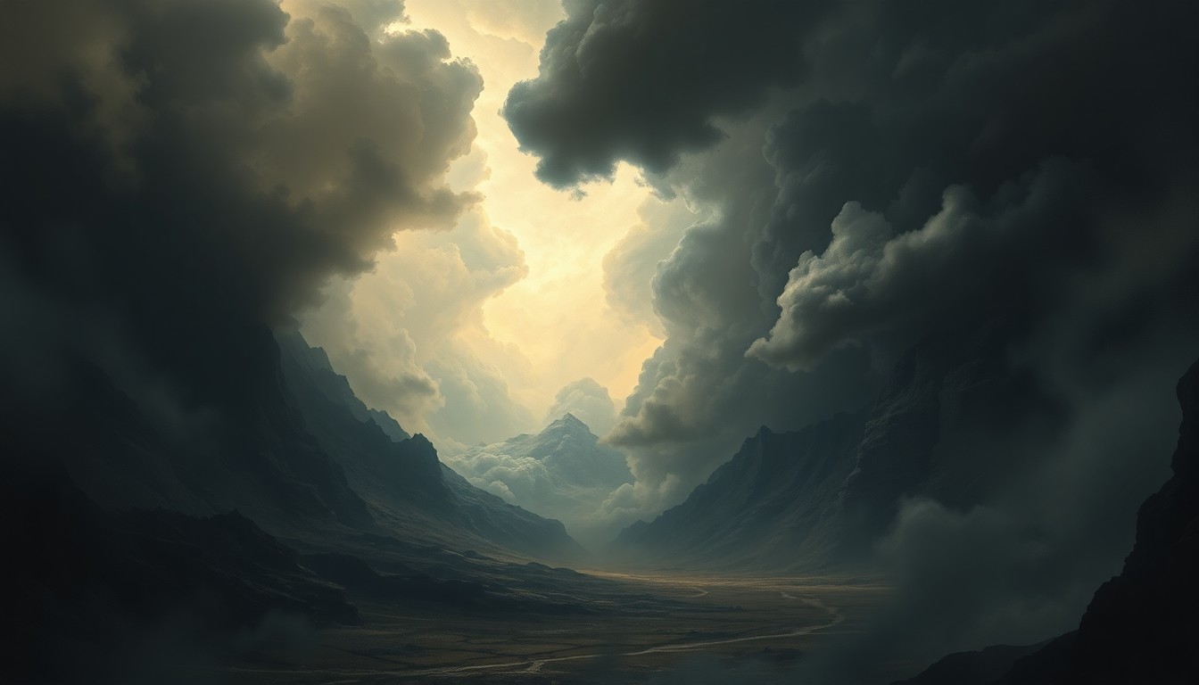 A sweeping, dramatic landscape painting in the style of Caspar David Friedrich, capturing the overwhelming, sublime power of a violent storm as it engulfs a rural scene, with atmospheric perspective and dramatic lighting emphasizing the raw energy of the natural elements.