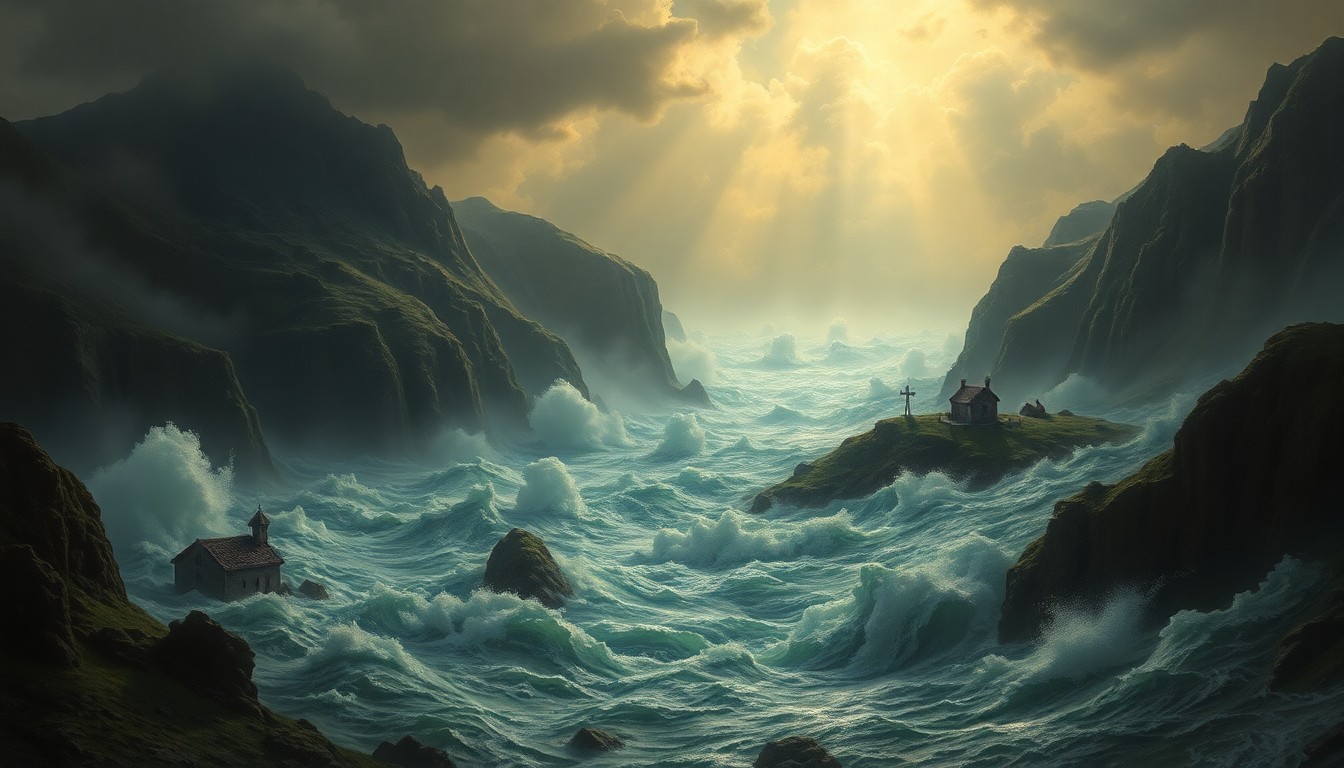 A sweeping, atmospheric landscape painting depicting a massive, raging flood consuming a small rural setting, with the natural elements dwarfing any visible man-made structures or objects caught in the deluge.
