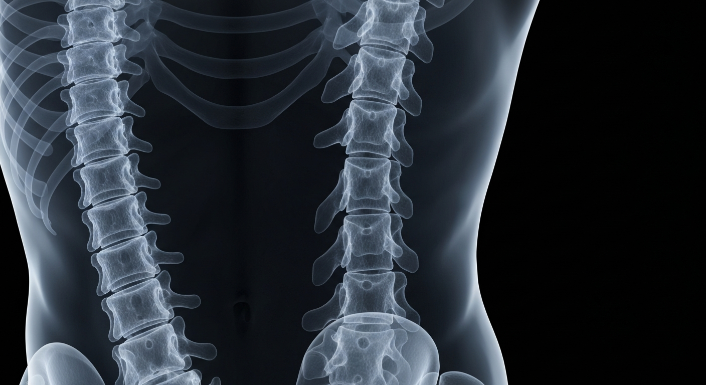 A ghostly, translucent X-ray image of a human spine, with the vertebrae and discs glowing against a dark background, conceptually illustrating the internal mechanics of the back that shockwave therapy aims to address.