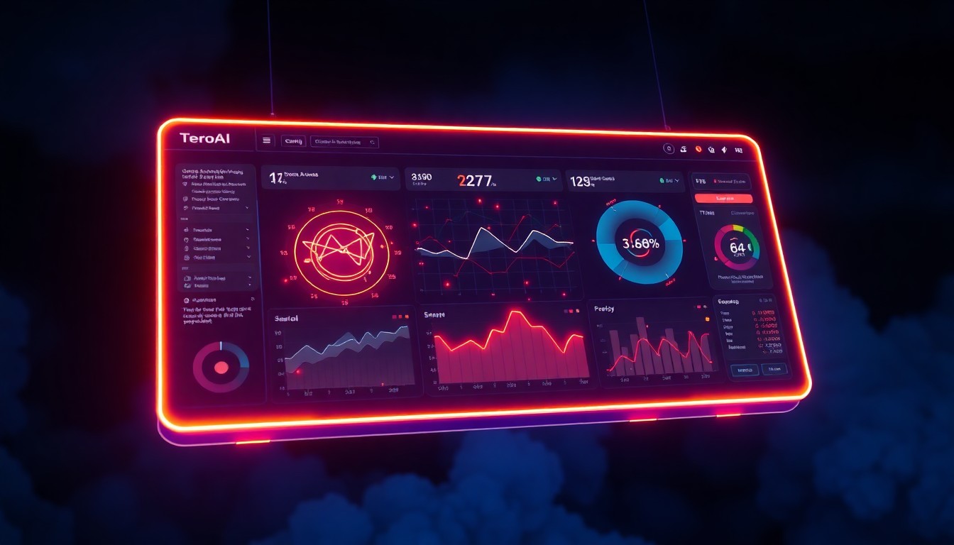 A glowing, abstract 3D visualization of a futuristic geospatial data dashboard, with pulsing neon lines and shapes, representing the advanced analytics and insights powered by TeroAI's innovative technologies.