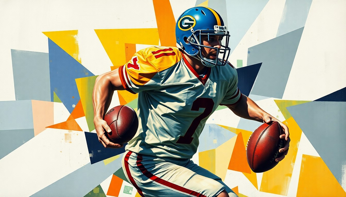 A fragmented, cubist-style painting depicting a football player in motion, with sharp, overlapping geometric shapes and planes representing the complex evaluation of a prospect's character and conduct.