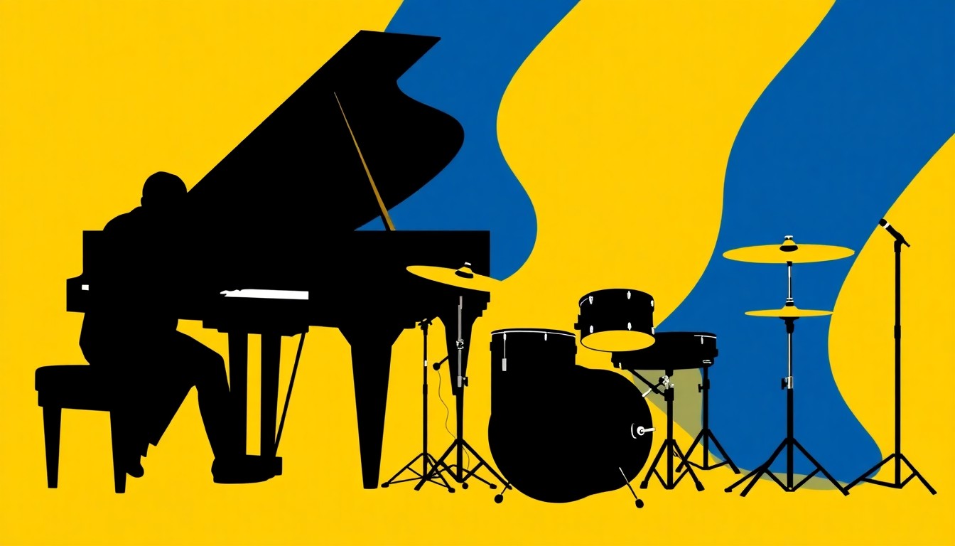 An abstract, minimalist illustration using bold black shapes and high-contrast colors to represent jazz instruments, conceptually honoring the musical legacy of pioneering pianist Lee Shaw.