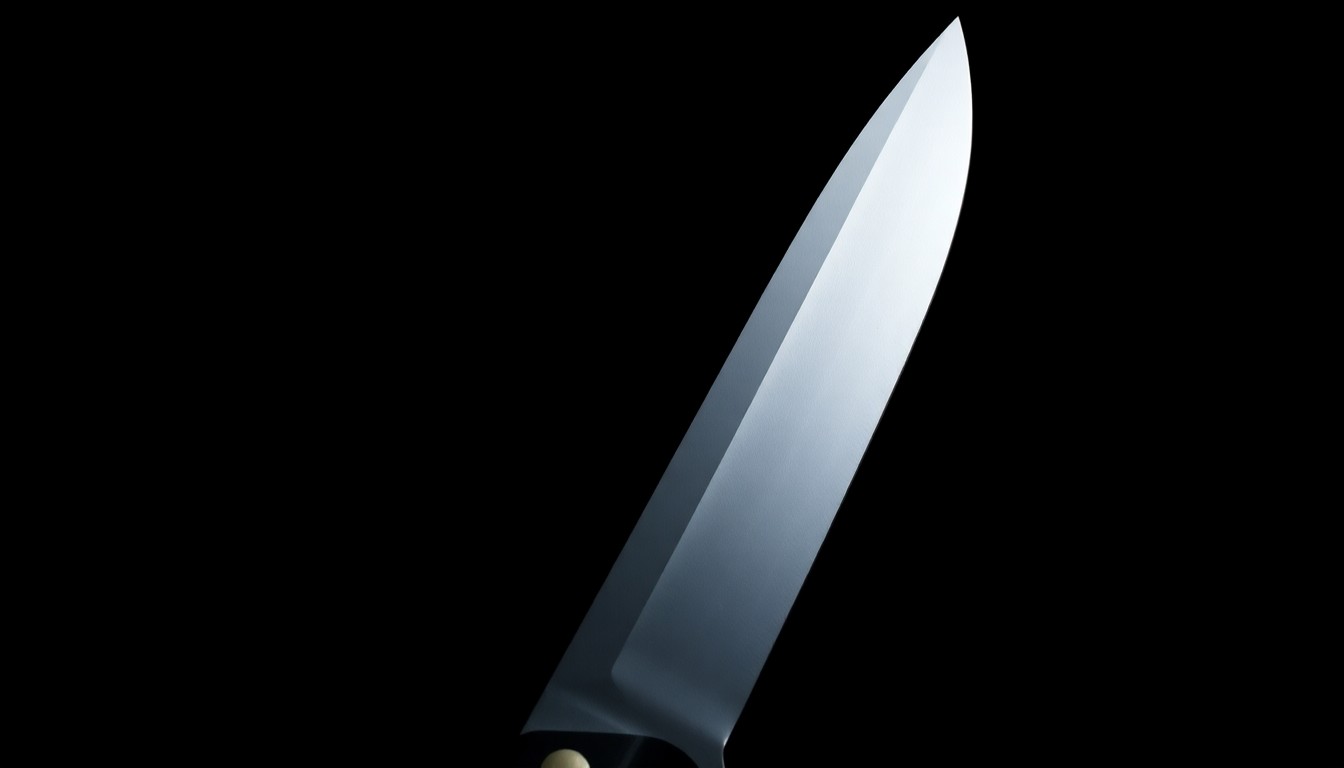 An extreme close-up photograph of a large, serrated buck knife against a pitch-black background, lit by a harsh, direct camera flash, conceptually representing the dangerous weapon used in a recent incident in New London.