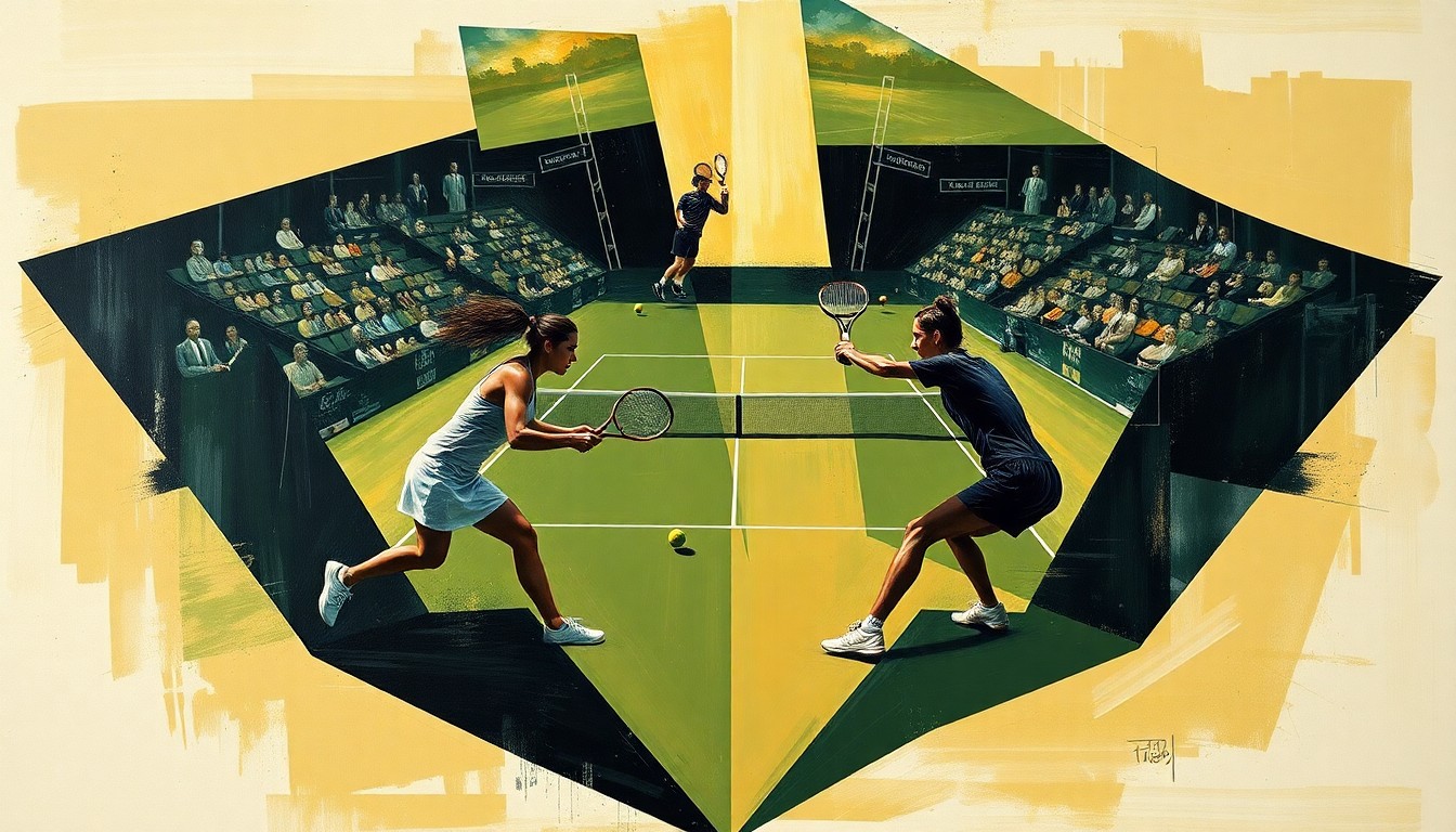 A cubist, geometric painting depicting a tennis match, with overlapping planes of color and shape representing the dynamic action on the court.