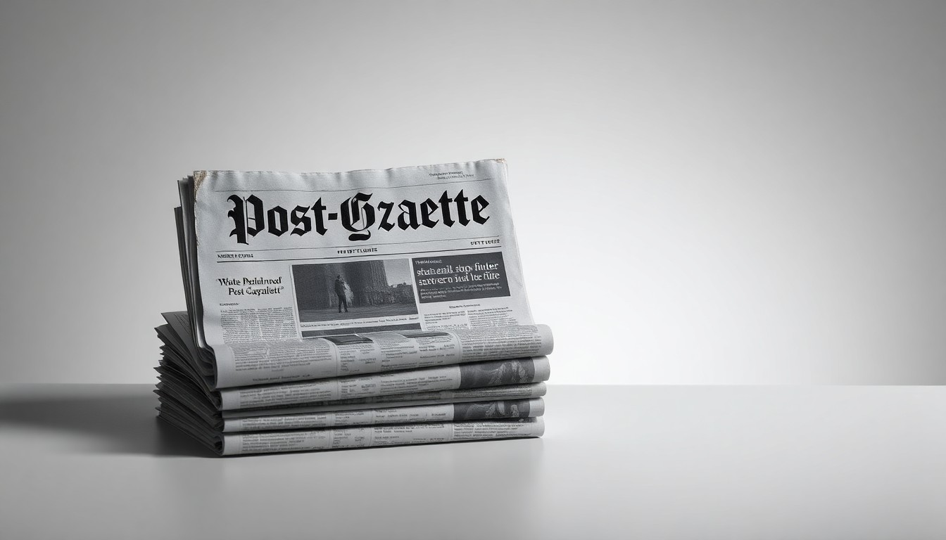 A high-contrast, photorealistic studio still life depicting a stack of weathered Pittsburgh Post-Gazette newspapers, symbolizing the challenges facing local journalism as it transitions to digital platforms.