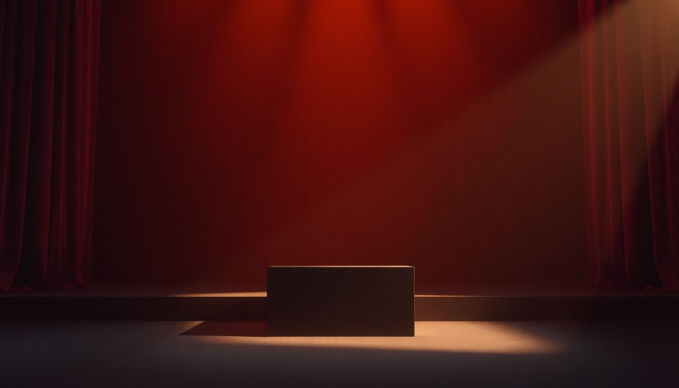 A quiet, cinematic painting of an empty podium on a dimly lit stage, bathed in warm, diagonal sunlight and deep shadows, conceptually illustrating the missed opportunity when political candidates fail to show up and engage with their constituents.