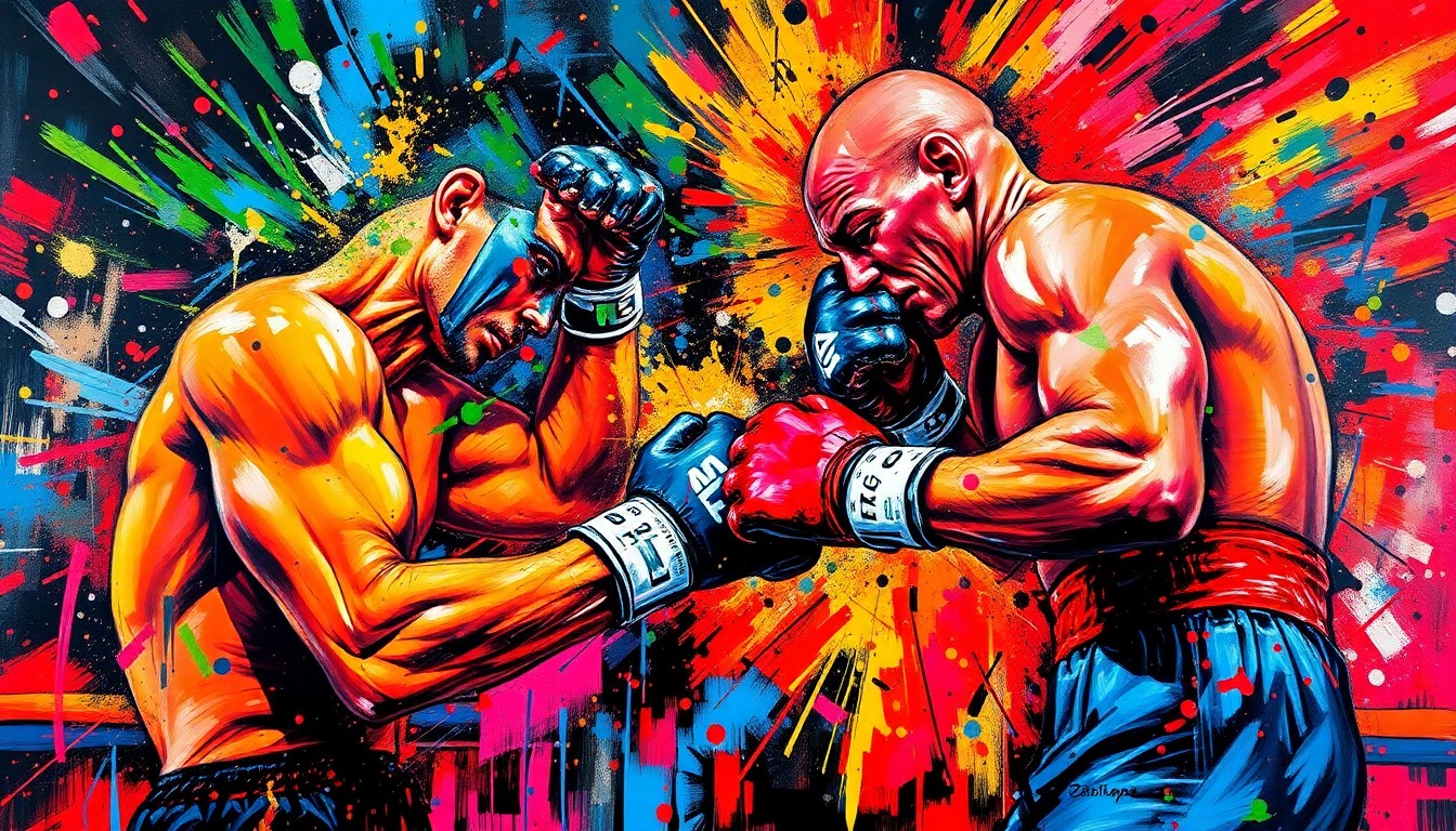 An abstract, expressionist painting featuring vibrant, neon-colored brushstrokes and splatters that capture the raw energy and intensity of a mixed martial arts fight, with the combatants' forms dissolving into unrecognizable shapes.
