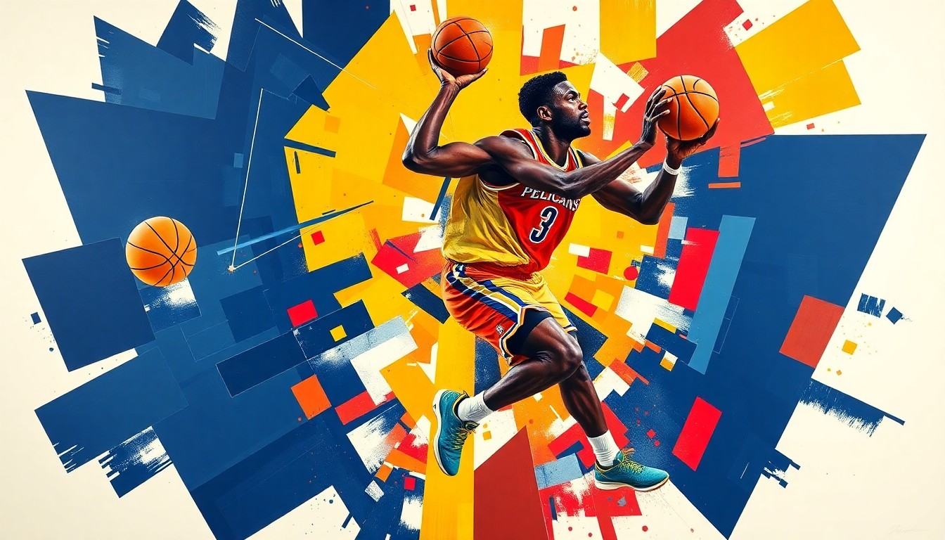 A cubist, geometric painting depicting Zion Williamson's basketball movements and actions, broken down into sharp, overlapping planes of navy blue, gold, and red, conceptually representing the Pelicans' team colors and Williamson's dedication to the franchise.