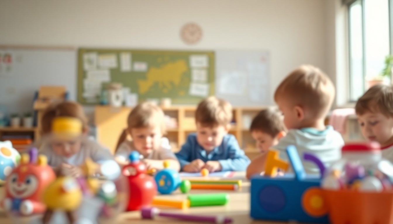 An abstract, impressionistic scene of a sunlit classroom filled with the blurred shapes of children's toys and learning materials, conveying the warm, nurturing atmosphere of an early childhood education setting.