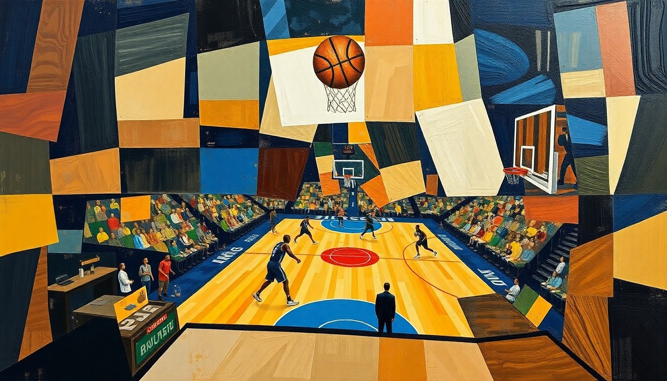 A cubist, geometric painting depicting an abstract basketball game, with overlapping shapes and planes of color representing the fast-paced, high-energy style of play that the Pacers and Hornets have embraced.