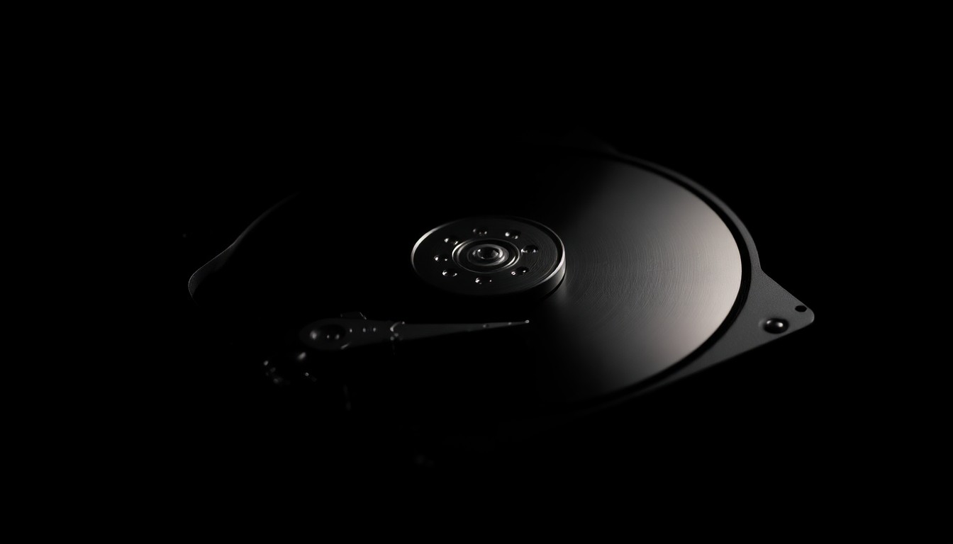 An extreme close-up of a shattered computer hard drive reflecting a harsh, bright light, conceptually representing the disturbing discovery of a cache of child pornography.