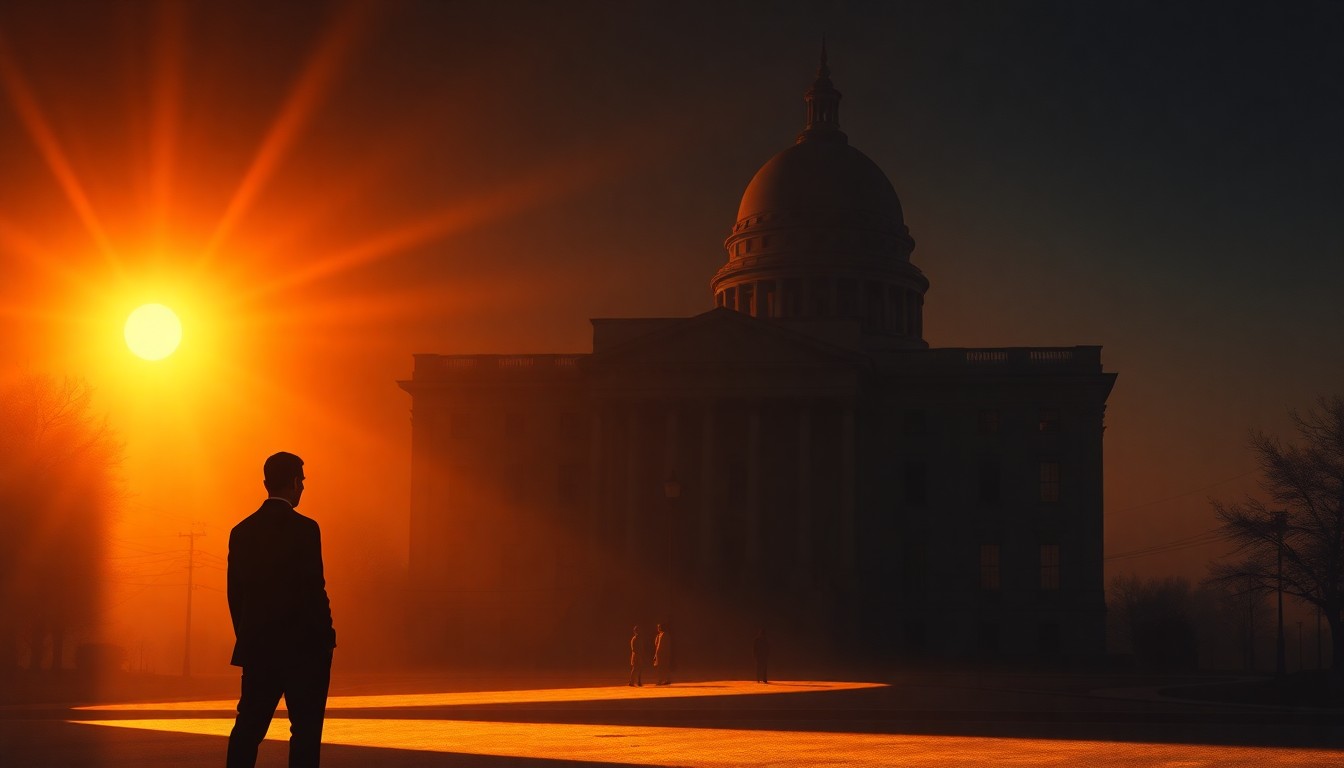 A serene, cinematic painting depicting a lone government building or political office space, with warm sunlight streaming in through the windows and deep shadows cast across the scene, creating a contemplative, nostalgic mood.