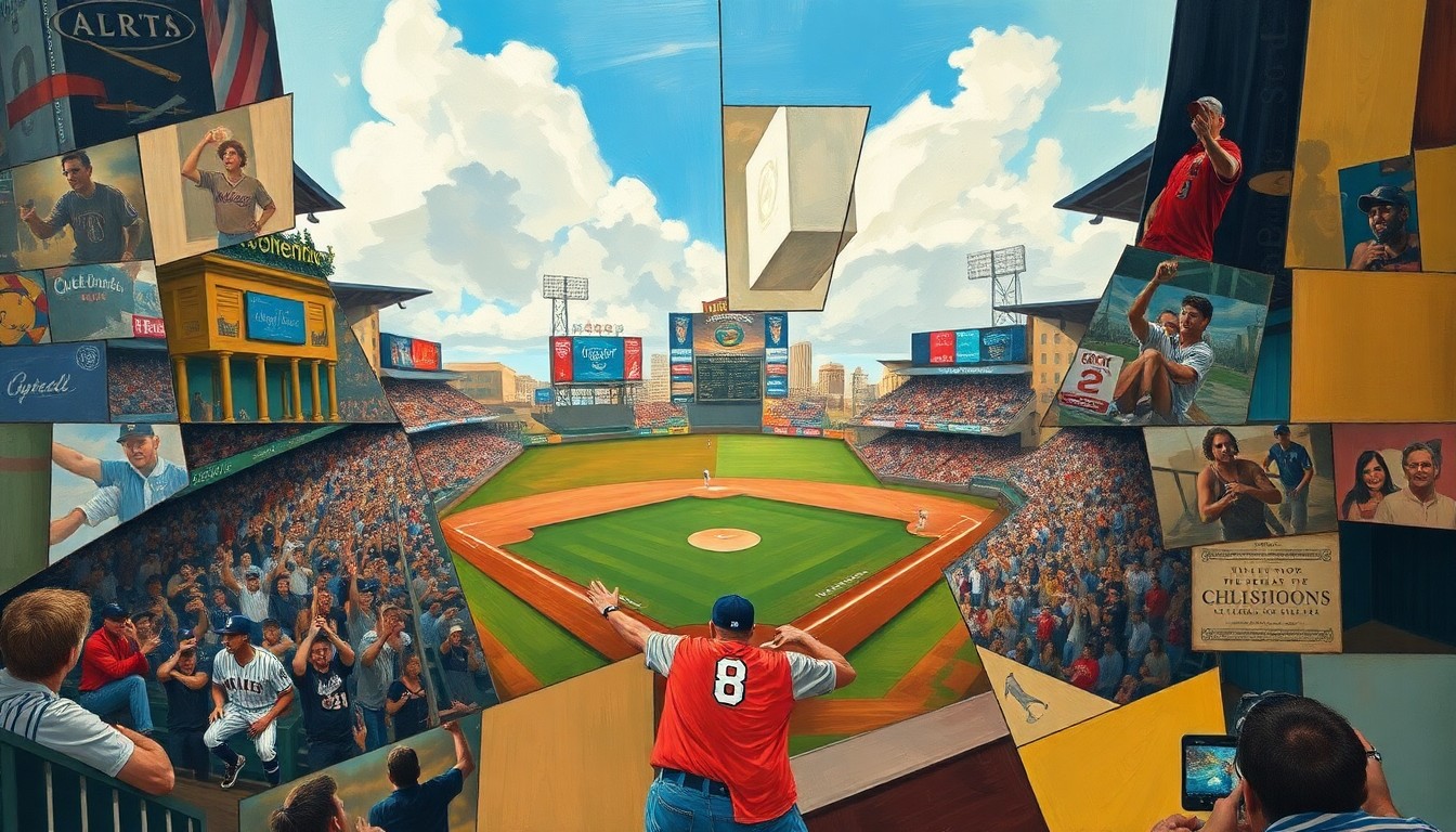 A cubist, geometric painting depicting a baseball player in motion, with their form fractured and overlapping into sharp, angular planes of color.