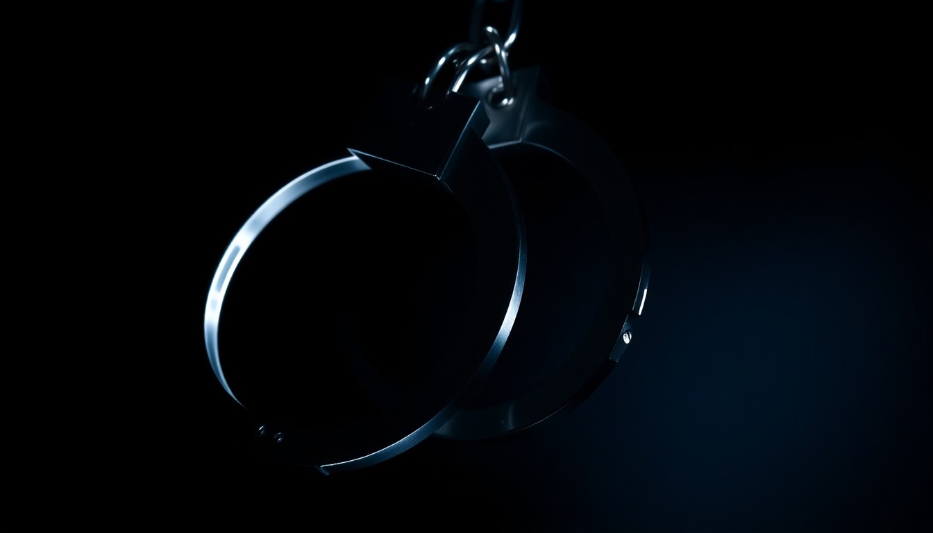 An extreme close-up of a pair of metal handcuffs against a stark, black background, creating a stark, gritty, investigative aesthetic that conceptually represents the gravity of the crimes alleged against the public official.