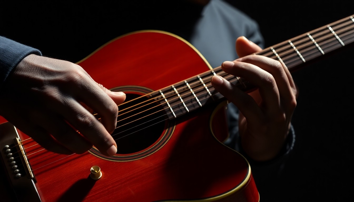 An extreme close-up photograph of an acoustic guitar's strings and fretboard, captured in dramatic high-contrast studio lighting to emphasize the tactile, luxurious texture of the instrument, conceptually representing Ne-Yo's transition into the country music genre.