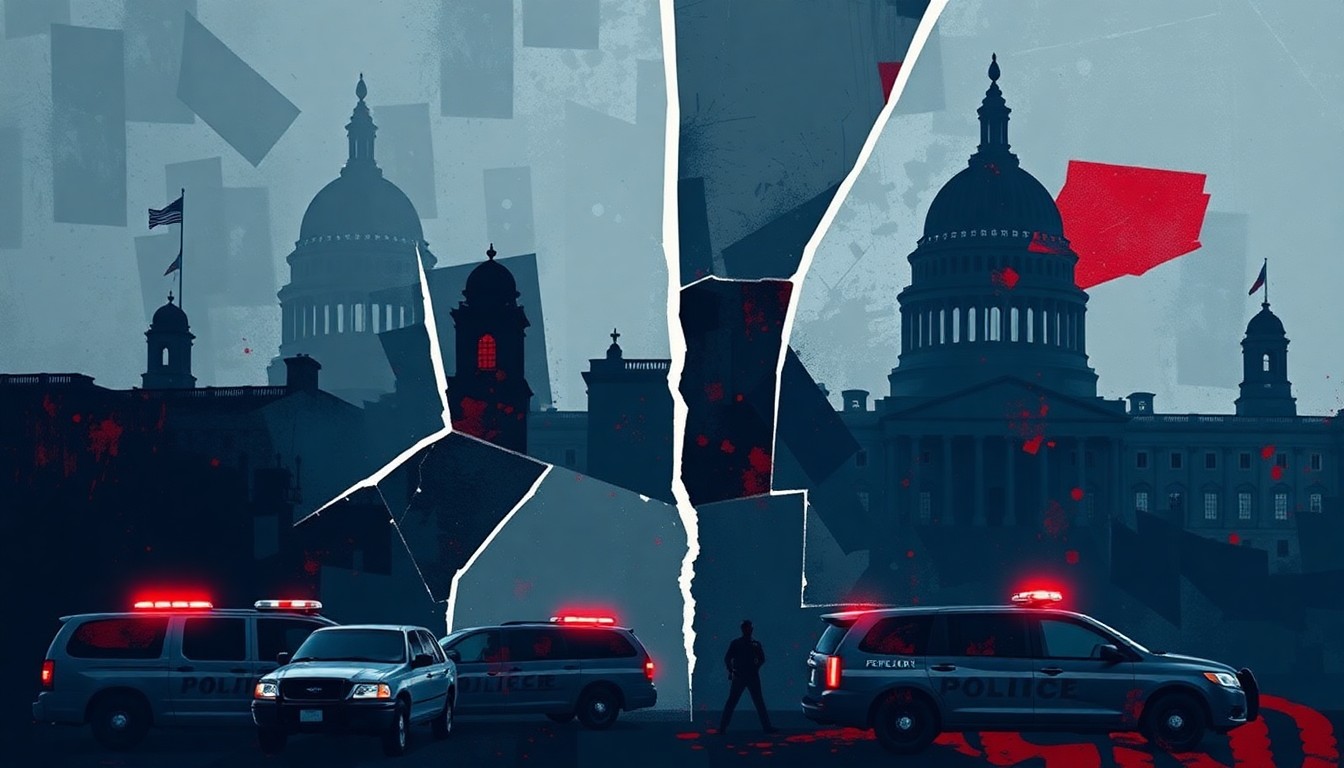 A dynamic, fragmented painting in shades of blue, gray, and red depicting the silhouettes of government buildings and law enforcement vehicles, conceptually representing the high-tension conflict between federal and local authorities over immigration policies.