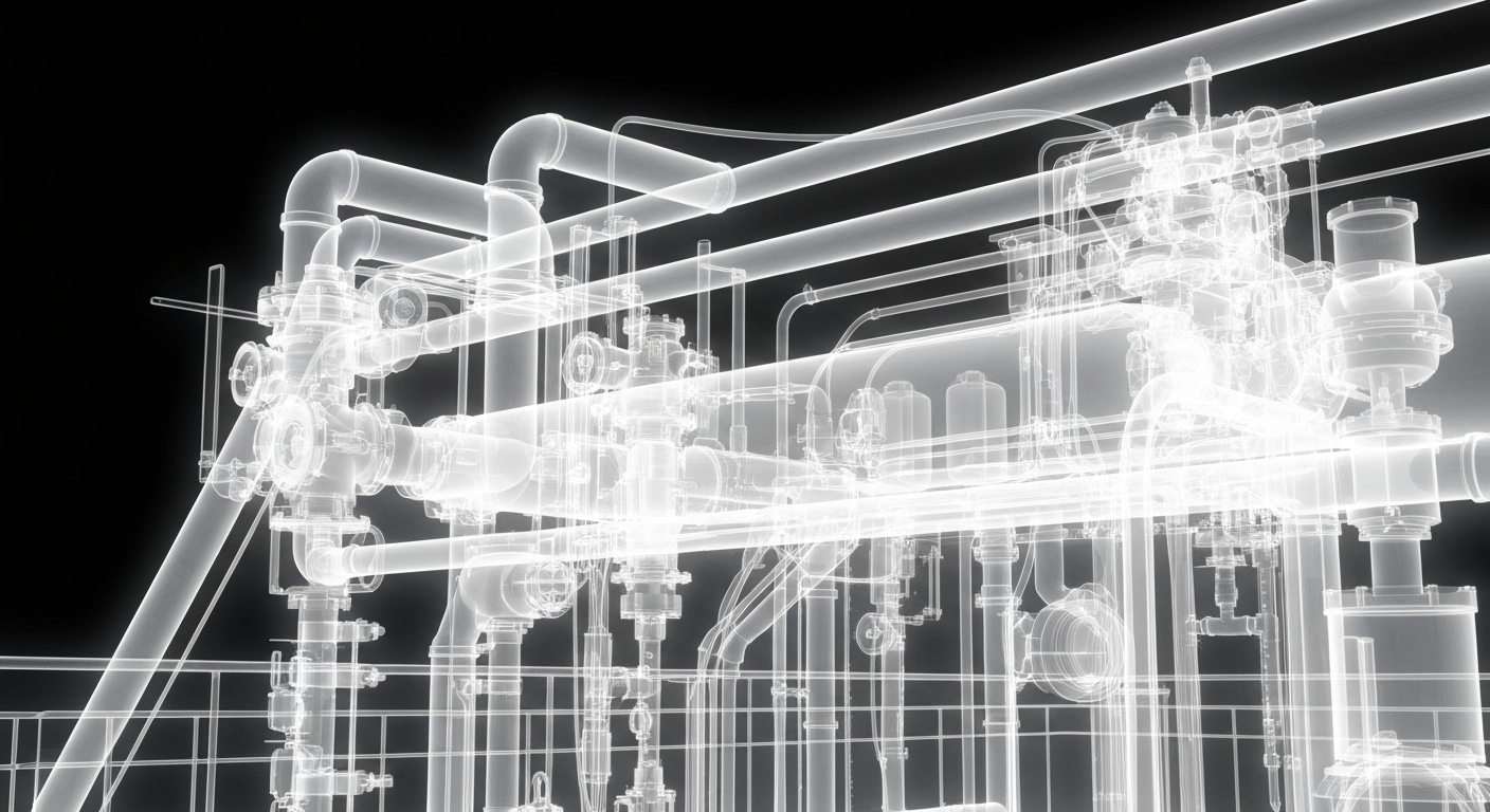 A ghostly, translucent X-ray photograph revealing the intricate internal structures and equipment of a water treatment plant's fluoride injection system, conveying the complex technical challenges involved in restoring a discontinued fluoridation process.
