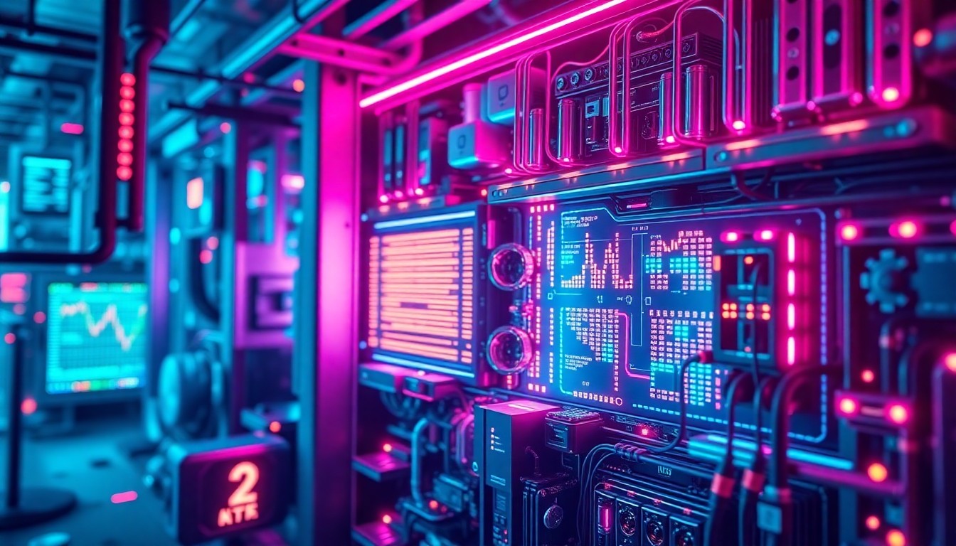 A highly detailed, glowing 3D macro illustration of a complex financial data processing system, with neon cyan and magenta lights illuminating the intricate cybernetic hardware and infrastructure, conceptually representing the technological sophistication and precision of BlackLine's Agentic Financial Operations platform.