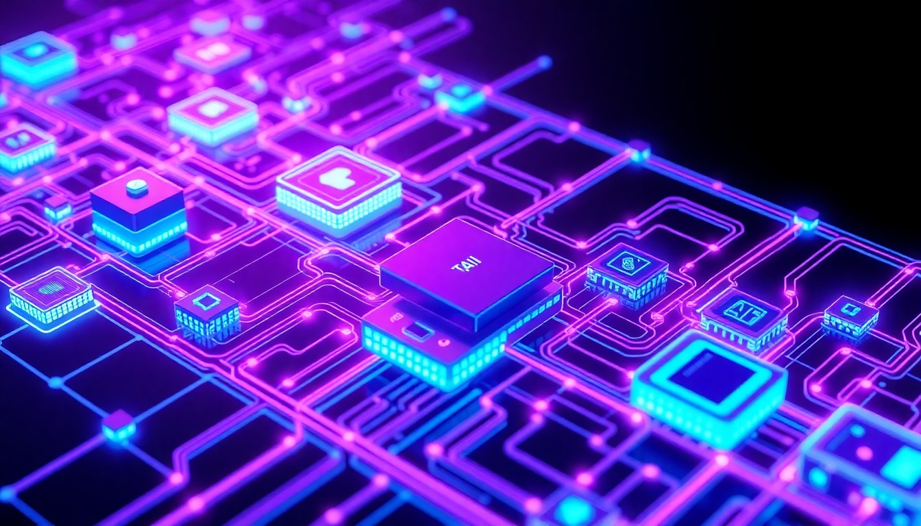 A highly detailed, glowing 3D illustration of a complex, interconnected network of digital infrastructure components in shades of neon blue, purple, and magenta, conceptually representing the coordinated, enterprise-wide AI platform of TIFIN.AI.