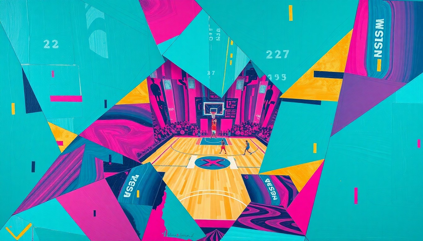 A cubist, geometric painting depicting a WNBA basketball game or match, with the players and court broken down into overlapping planes of teal, magenta, and gold, conveying the dynamic energy and competitive spirit of the sport.