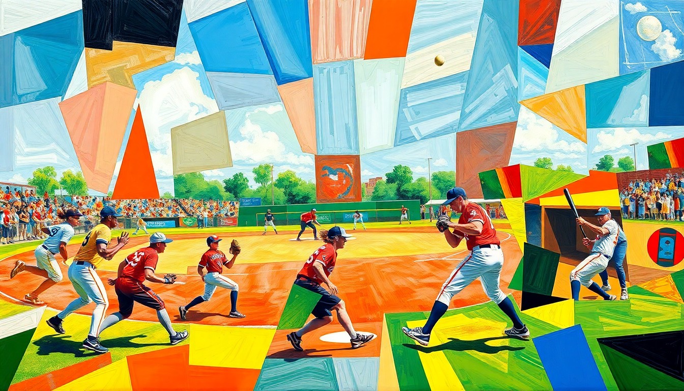 A fragmented, geometric painting in bold colors depicting the action and energy of a college softball game from multiple perspectives.