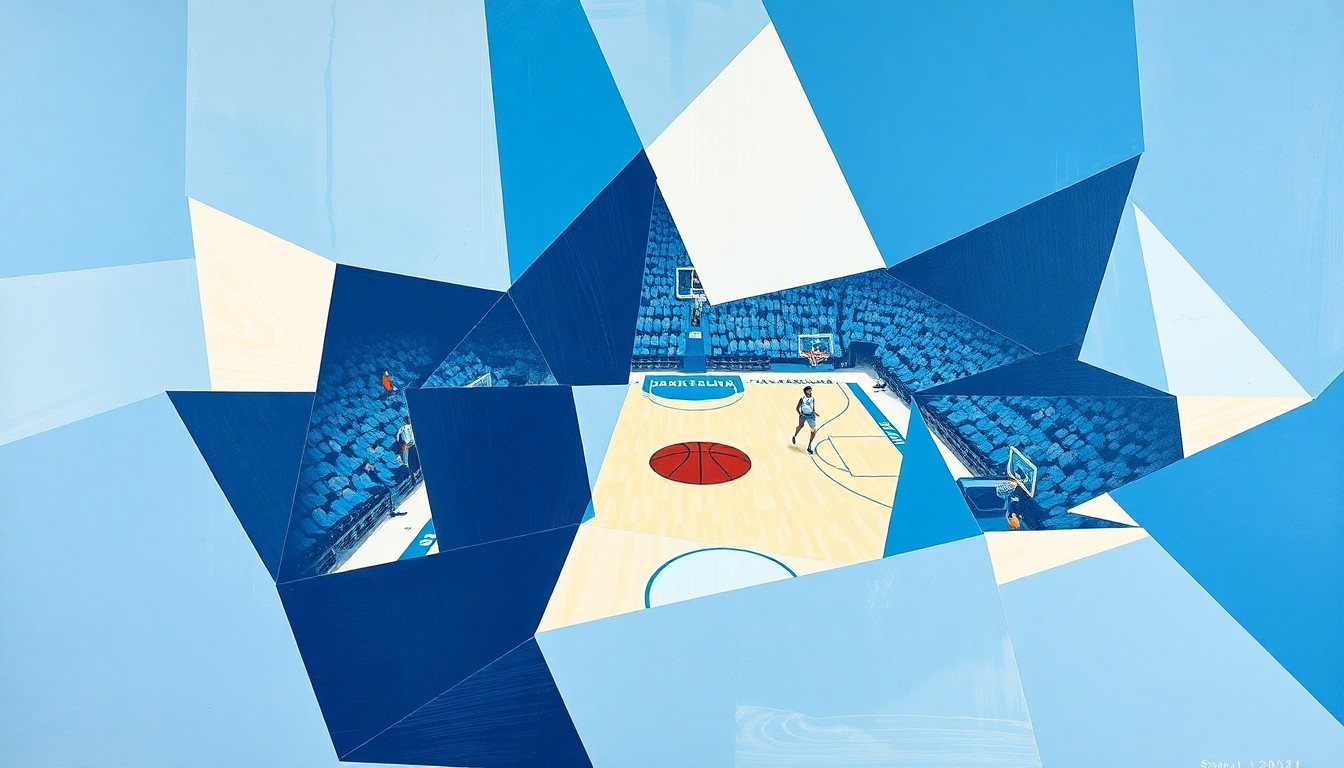 A cubist, geometric painting featuring overlapping planes of light blue, navy blue, and white, conceptually representing the multi-faceted journey of a new basketball recruit joining the storied UNC program.