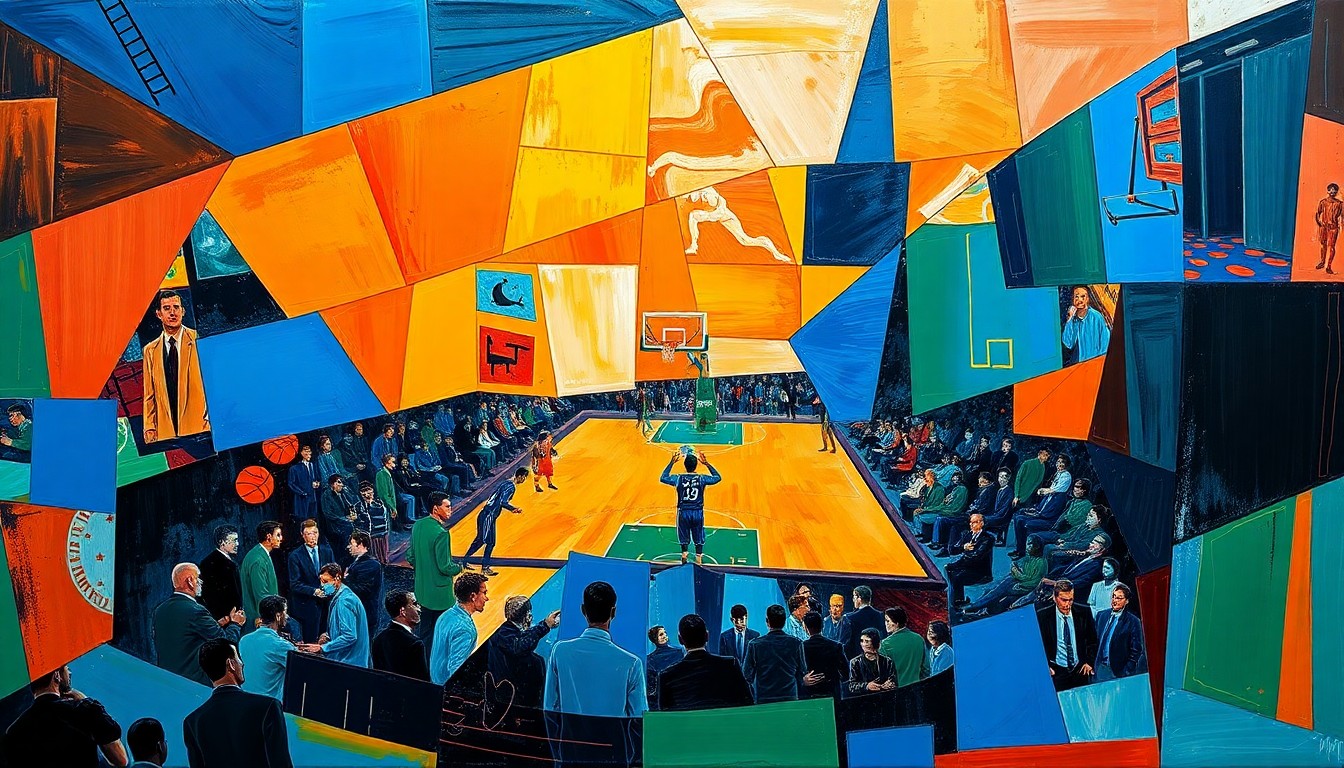 A cubist, geometric painting depicting fragmented basketball players and draft prospects, conveying the complex and uncertain nature of the Pelicans' upcoming draft plans.