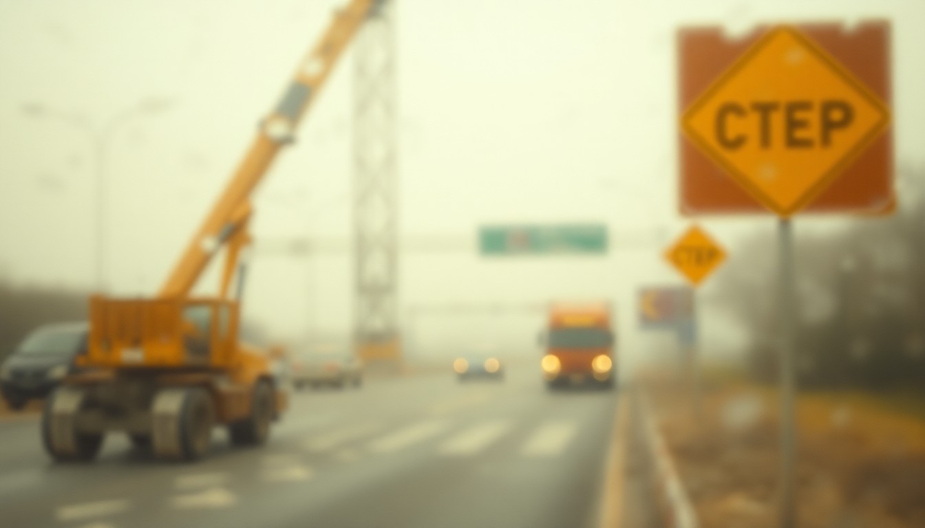 An abstract, impressionistic photograph of blurred construction equipment and road signs, conveying the sense of disruption and transition during a road improvement project.